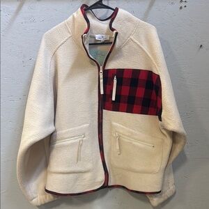 Cream Fleece Jacket with Red Plaid Accent